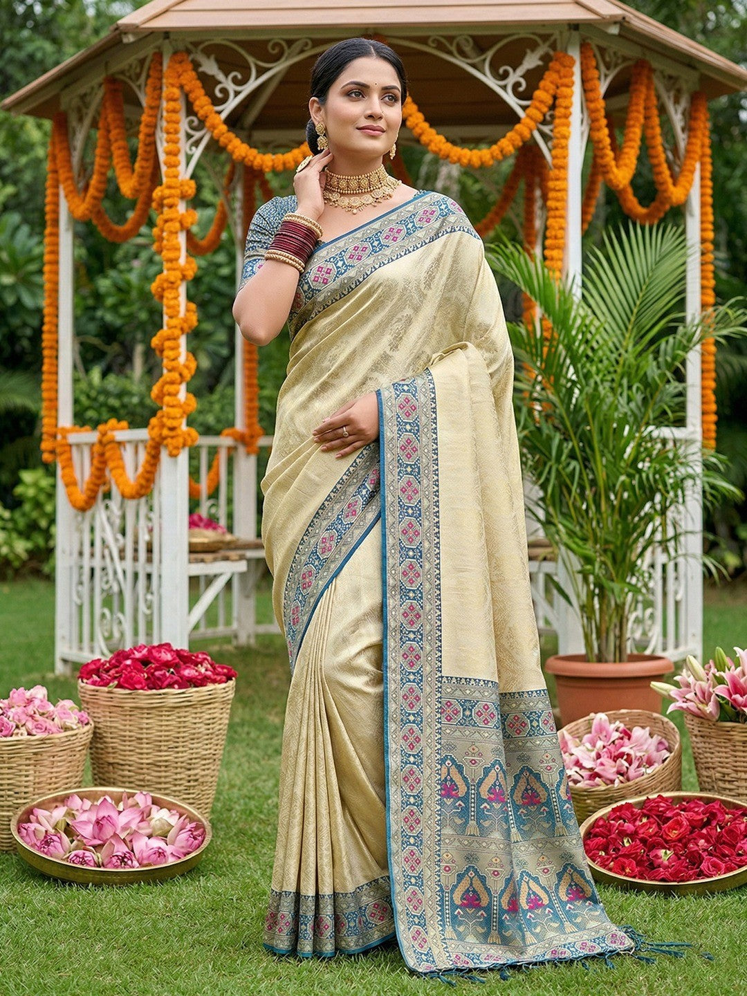 Elegant Beige Silk Blend Woven Saree with Rich Blue Border - Image 1