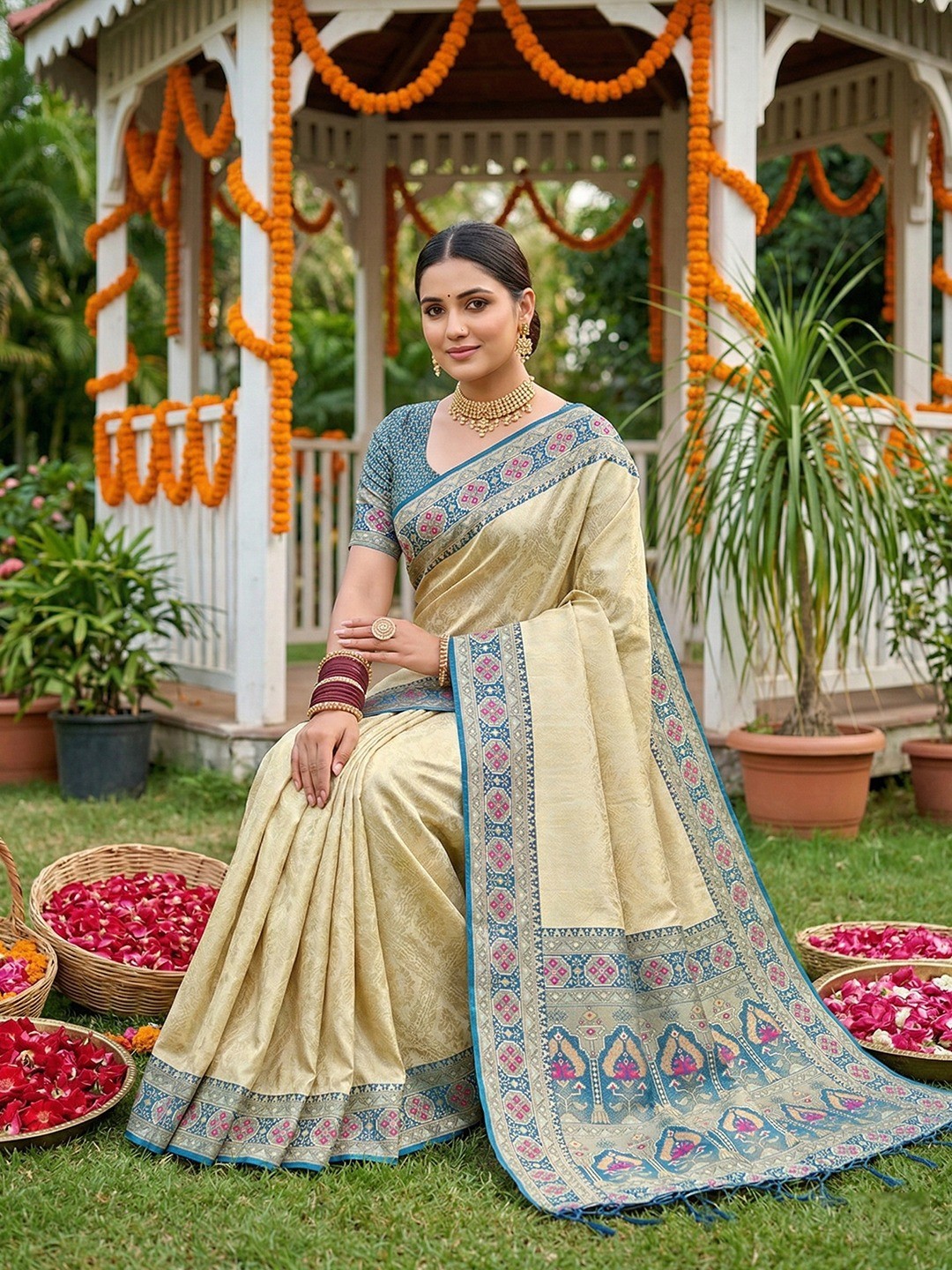 Elegant Beige Silk Blend Woven Saree with Rich Blue Border - Image 3