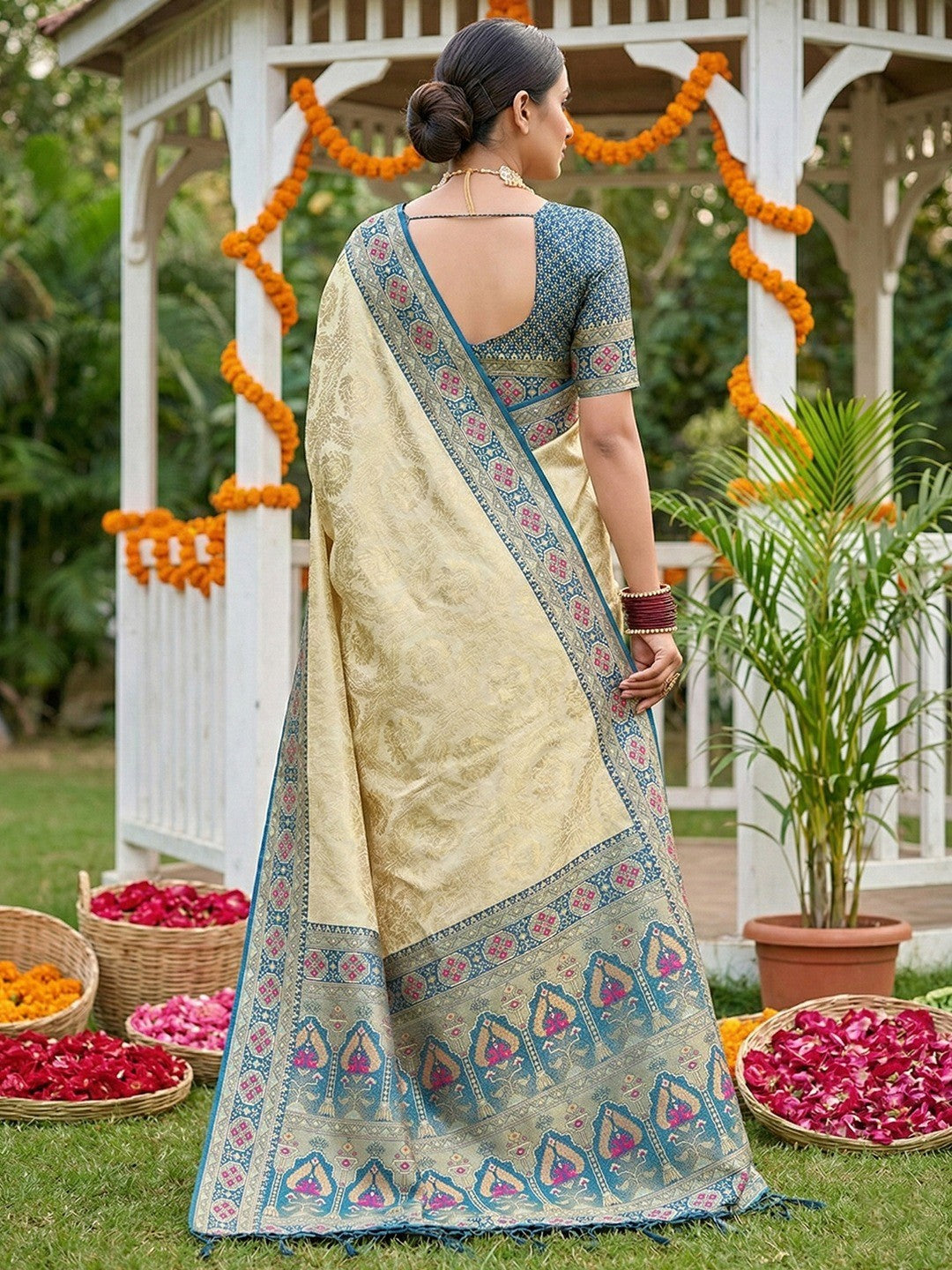 Elegant Beige Silk Blend Woven Saree with Rich Blue Border - Image 2