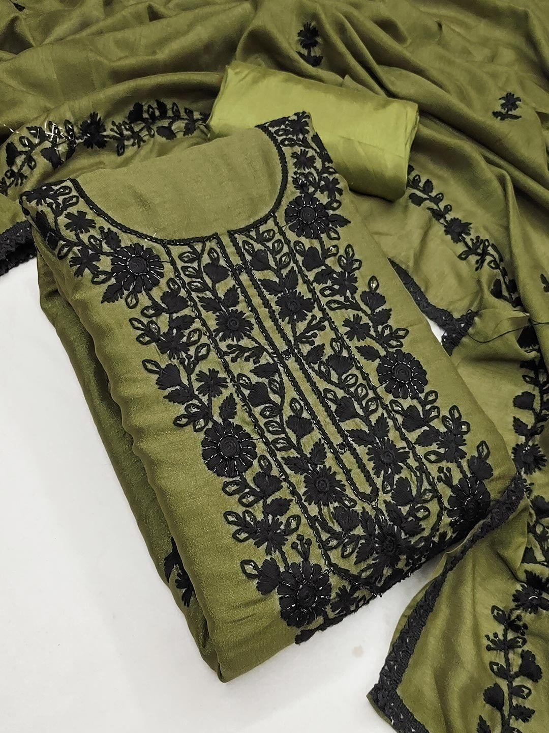 Mehendi Green Vichitra Silk Dress Material With Floral Embroidery & Delicate Sequins & Beads Work - Image 6