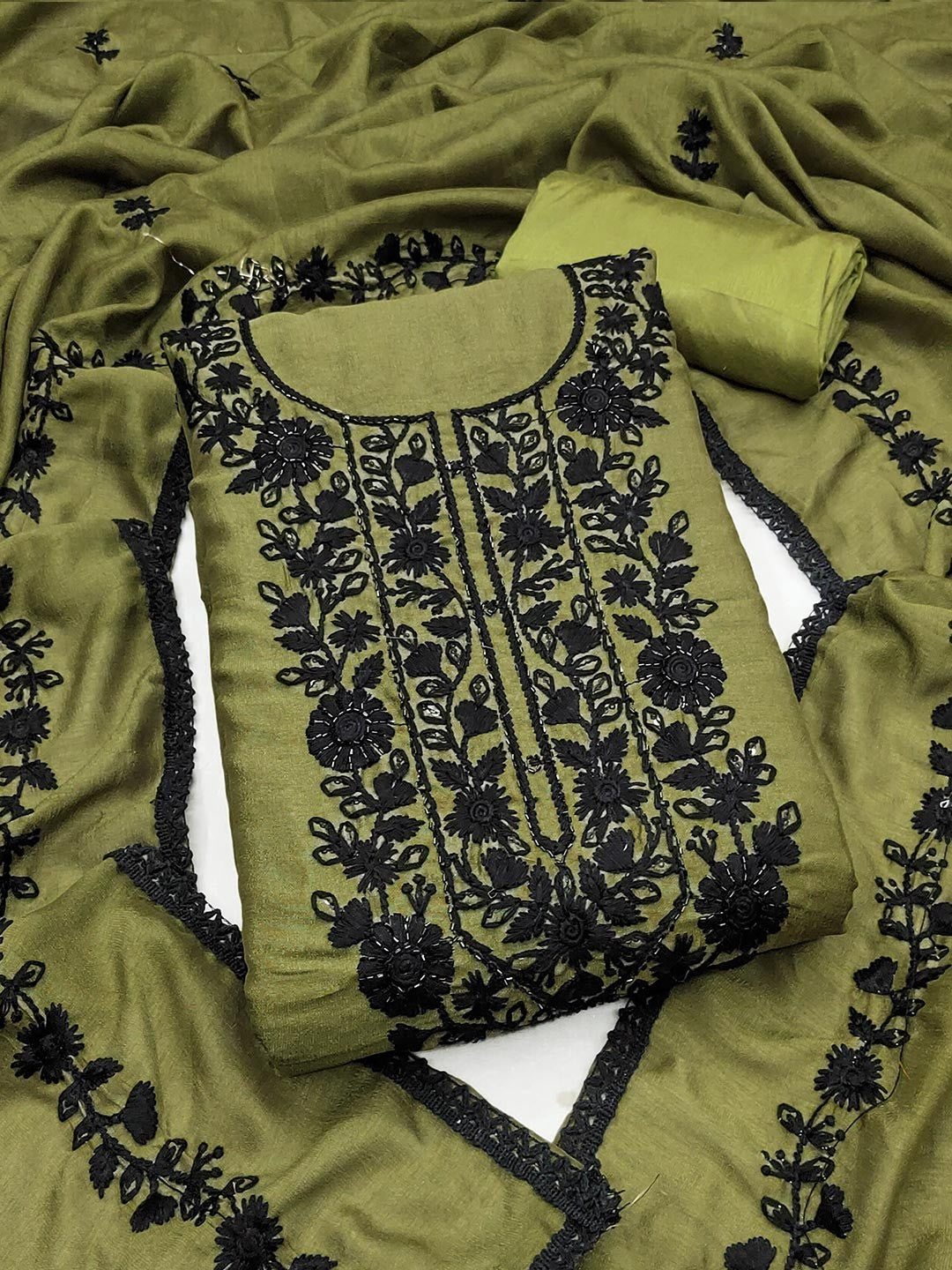 Mehendi Green Vichitra Silk Dress Material With Floral Embroidery & Delicate Sequins & Beads Work - Image 4