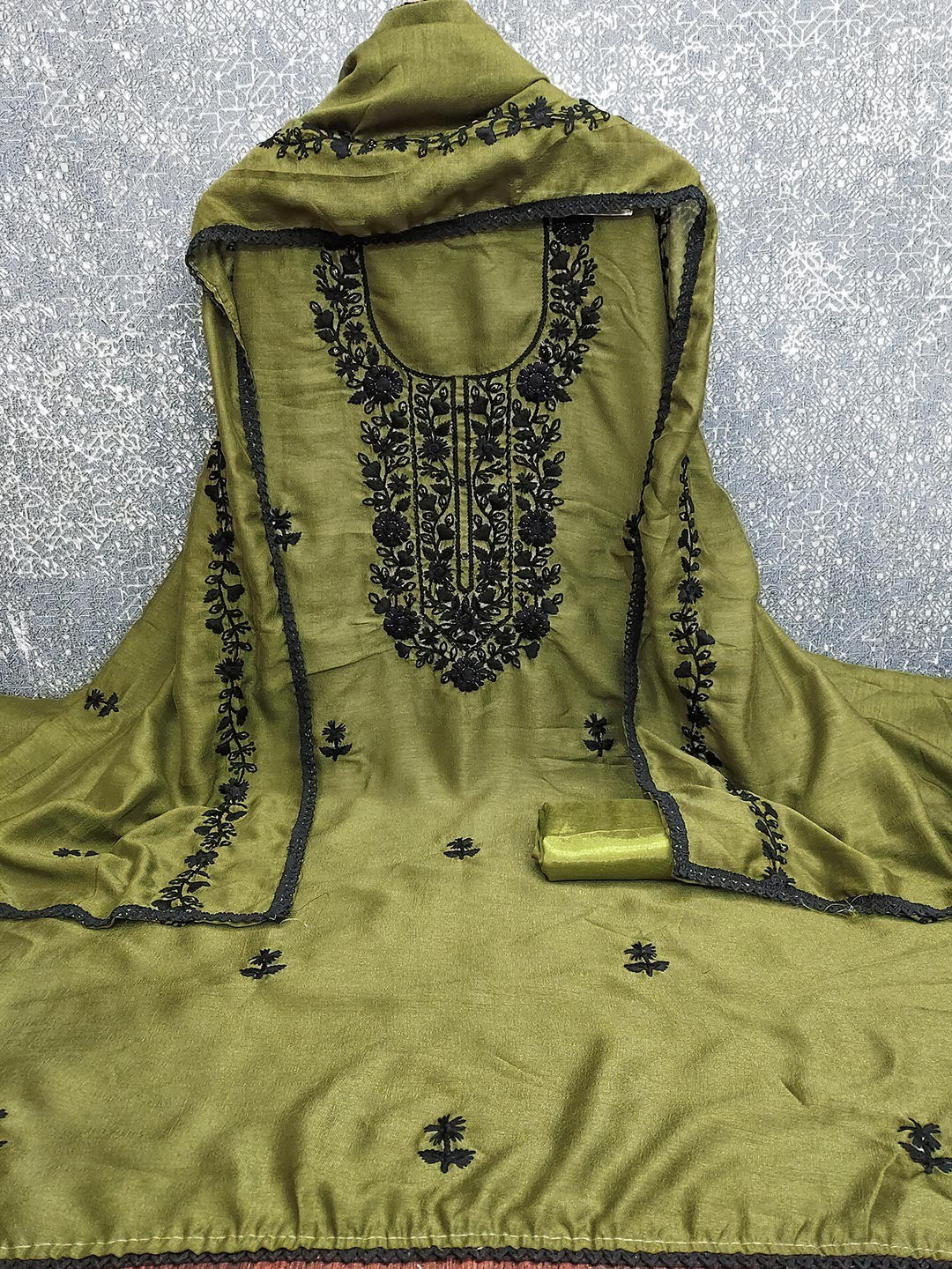 Mehendi Green Vichitra Silk Dress Material With Floral Embroidery & Delicate Sequins & Beads Work - Image 3