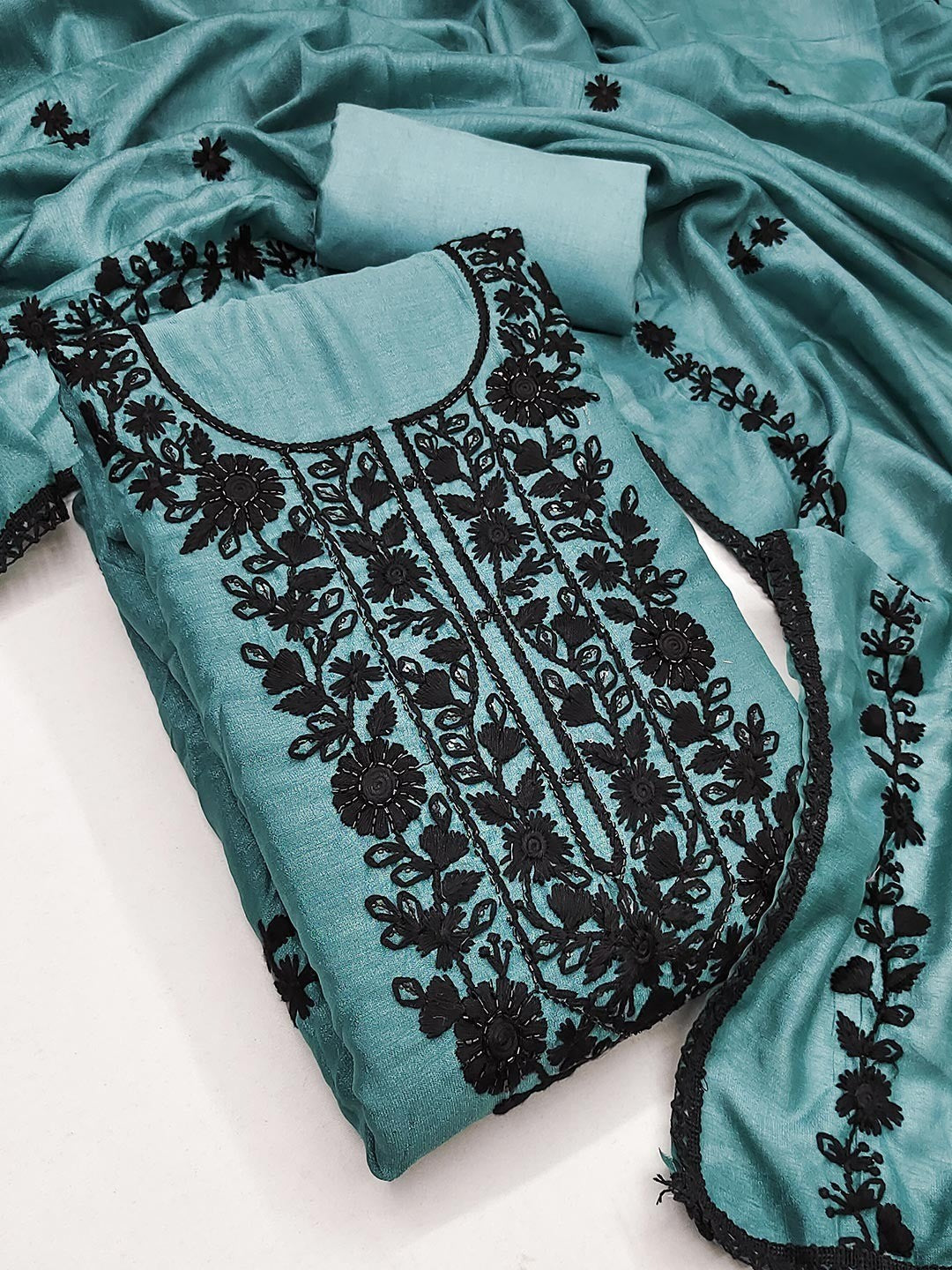 Blue Vichitra Silk Dress Material With Floral Embroidery & Delicate Sequins & Beads Work - Image 6