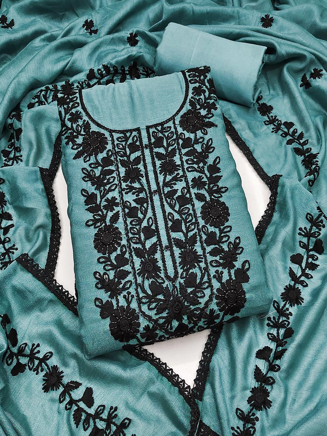 Blue Vichitra Silk Dress Material With Floral Embroidery & Delicate Sequins & Beads Work - Image 4