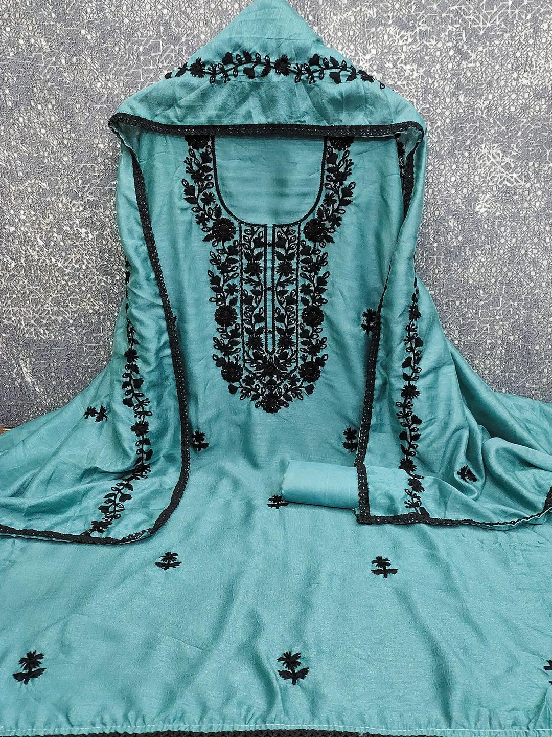 Blue Vichitra Silk Dress Material With Floral Embroidery & Delicate Sequins & Beads Work - Image 3