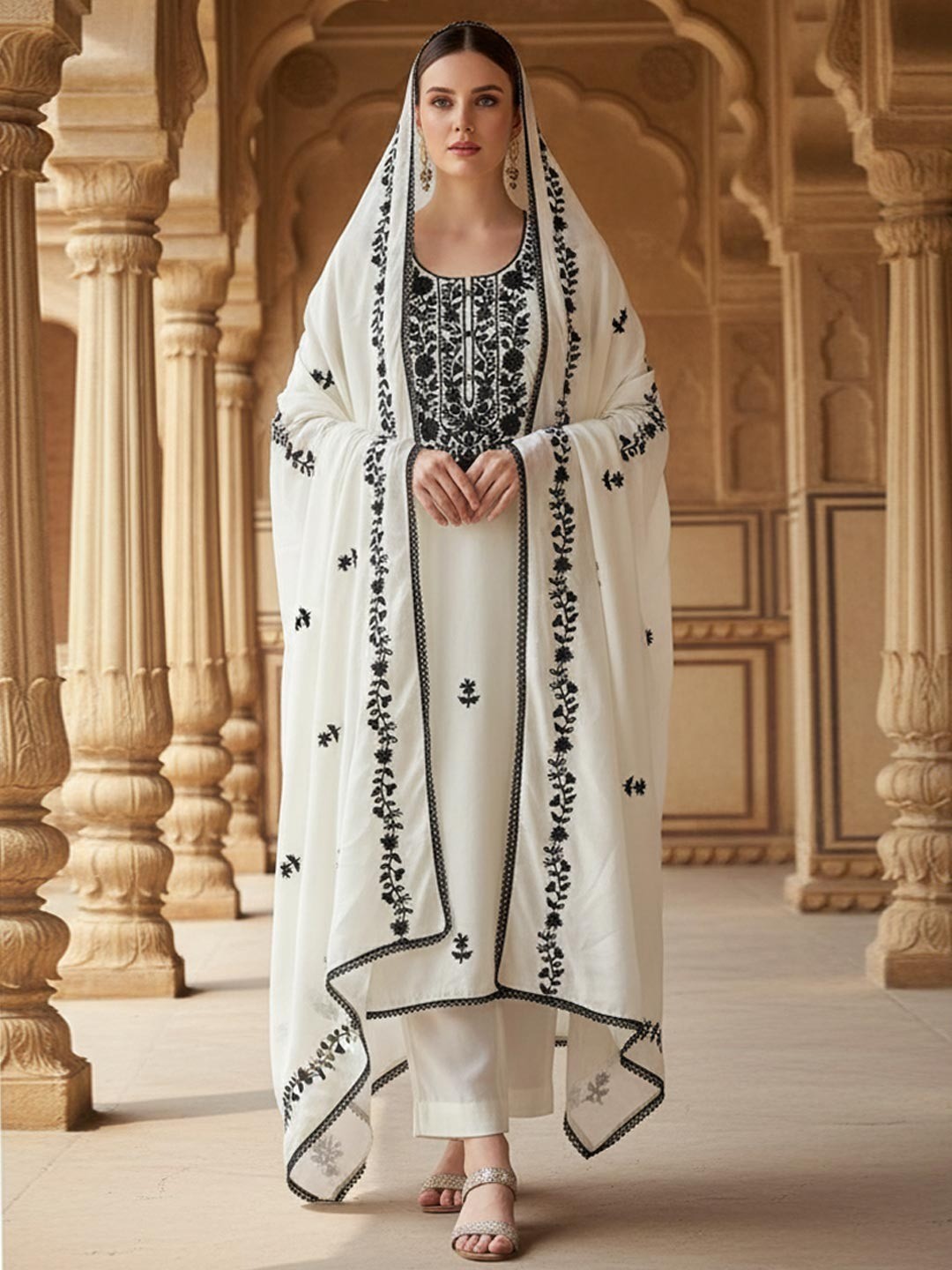 Cream Vichitra Silk Dress Material With Floral Embroidery & Delicate Sequins & Beads Work - Image 1