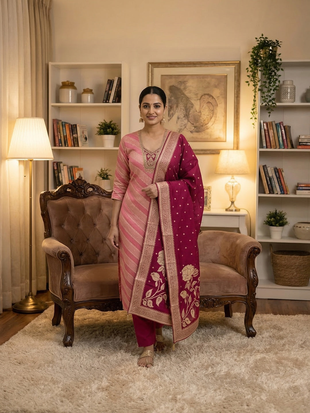 Traditional Pink Floral Weaving With Sequins Cording Embroidered Modal Jacquard Dress Material - Image 1