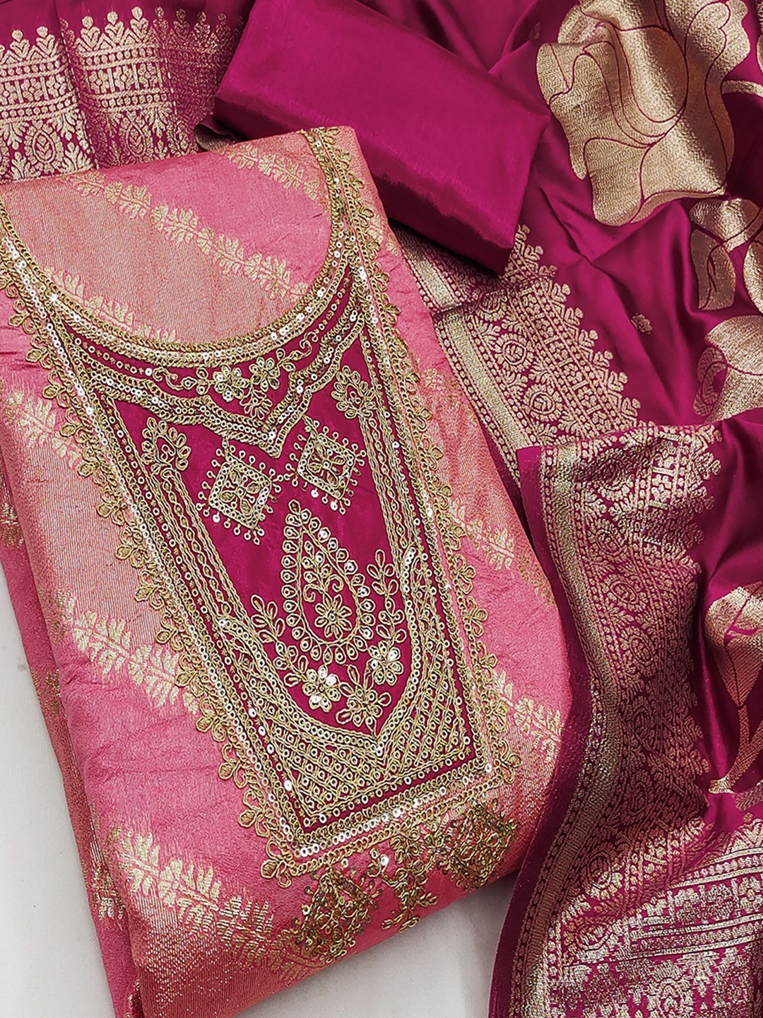 Traditional Pink Floral Weaving With Sequins Cording Embroidered Modal Jacquard Dress Material - Image 4