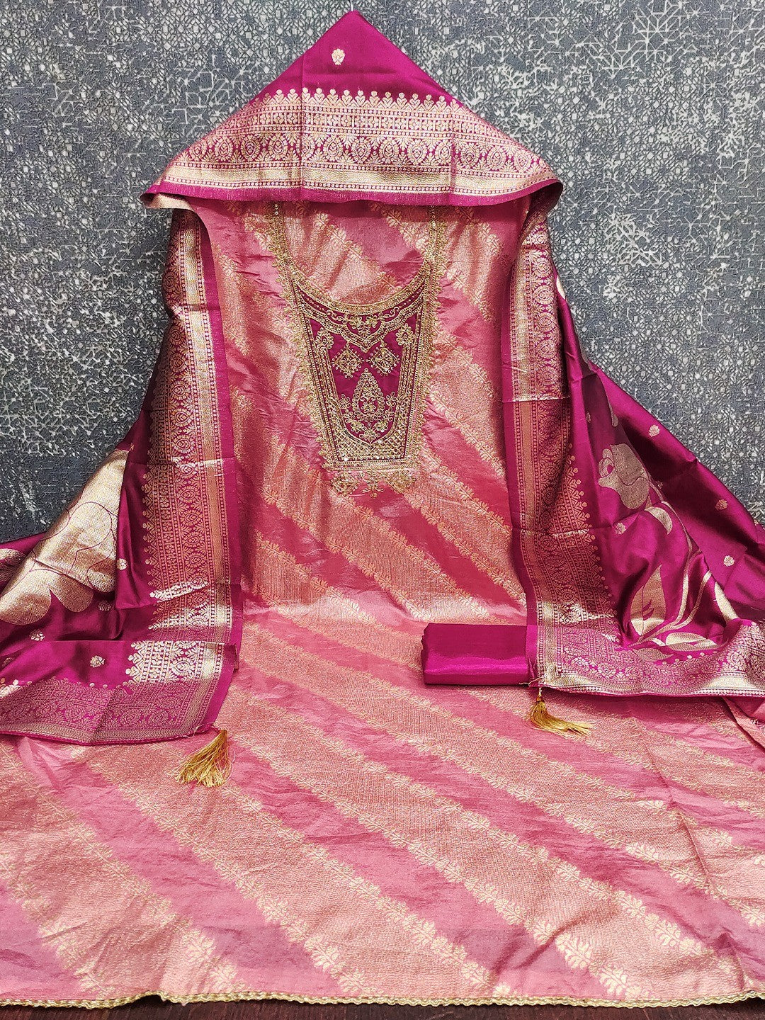 Traditional Pink Floral Weaving With Sequins Cording Embroidered Modal Jacquard Dress Material - Image 3
