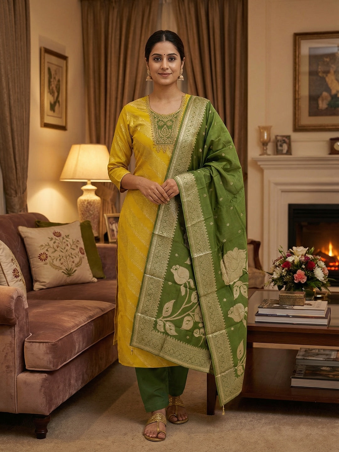 Traditional Mustard Floral Weaving With Sequins Cording Embroidered Modal Jacquard Dress Material - Image 1