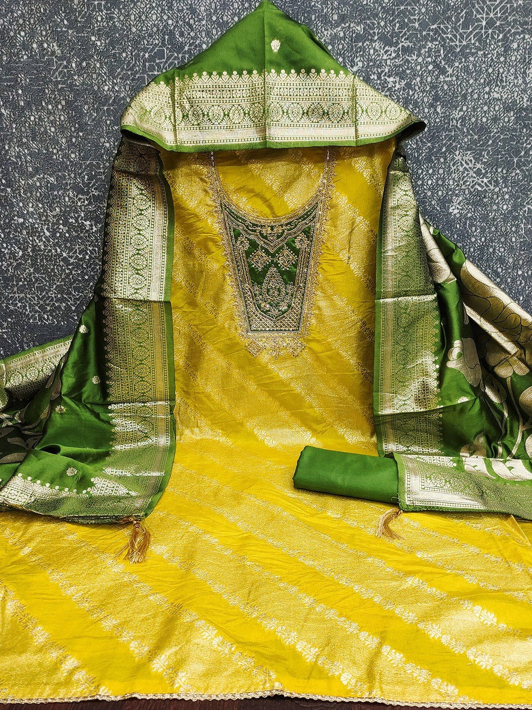 Traditional Mustard Floral Weaving With Sequins Cording Embroidered Modal Jacquard Dress Material - Image 2