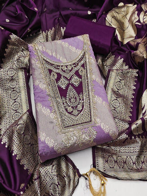 Traditional Lavender Floral Weaving With Sequins Cording Embroidered Modal Jacquard Dress Material - Image 1