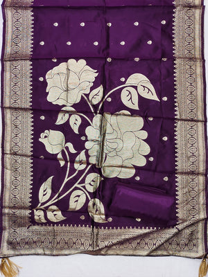Traditional Lavender Floral Weaving With Sequins Cording Embroidered Modal Jacquard Dress Material - Image 2