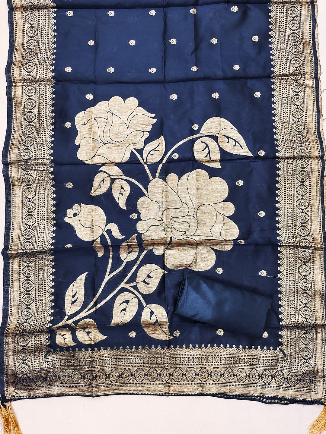 Traditional Turquoise Floral Weaving With Sequins Cording Embroidered Modal Jacquard Dress Material - Image 2