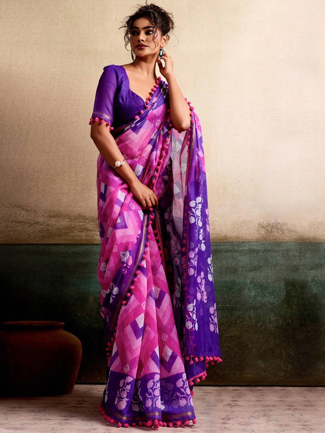 Elegant Magenta & Purple Floral Printed Mulmul Cotton Saree With Soft Lightweight Drape - Image 1