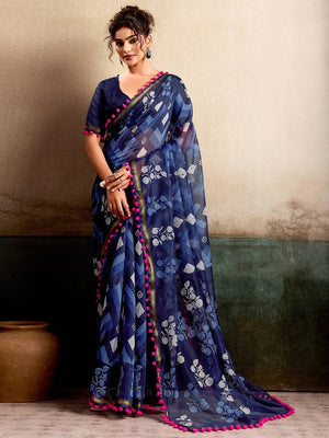 Elegant Blue Floral Printed Mulmul Cotton Saree With Soft Lightweight Drape - Image 1