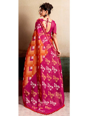Elegant Orange & Rani Pink Floral Printed Mulmul Cotton Saree With Soft Lightweight Drape - Image 2