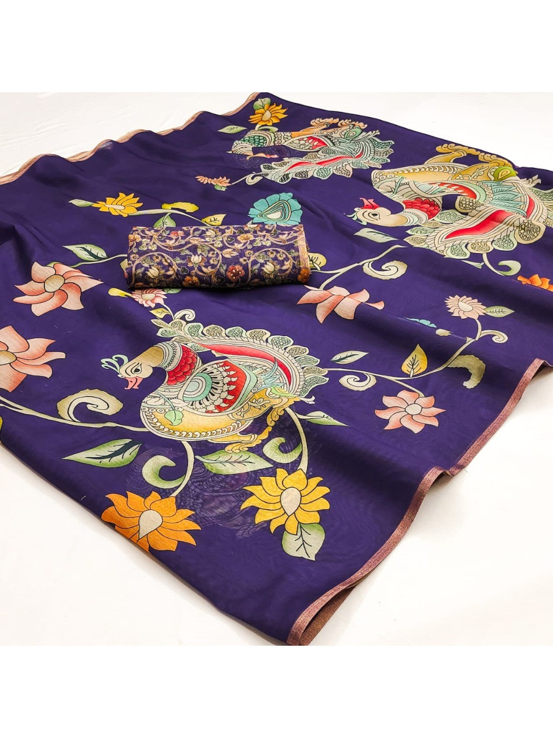 Elegant Purple Chanderi Silk Saree with Kalamkari Peacock Motif - Image 2