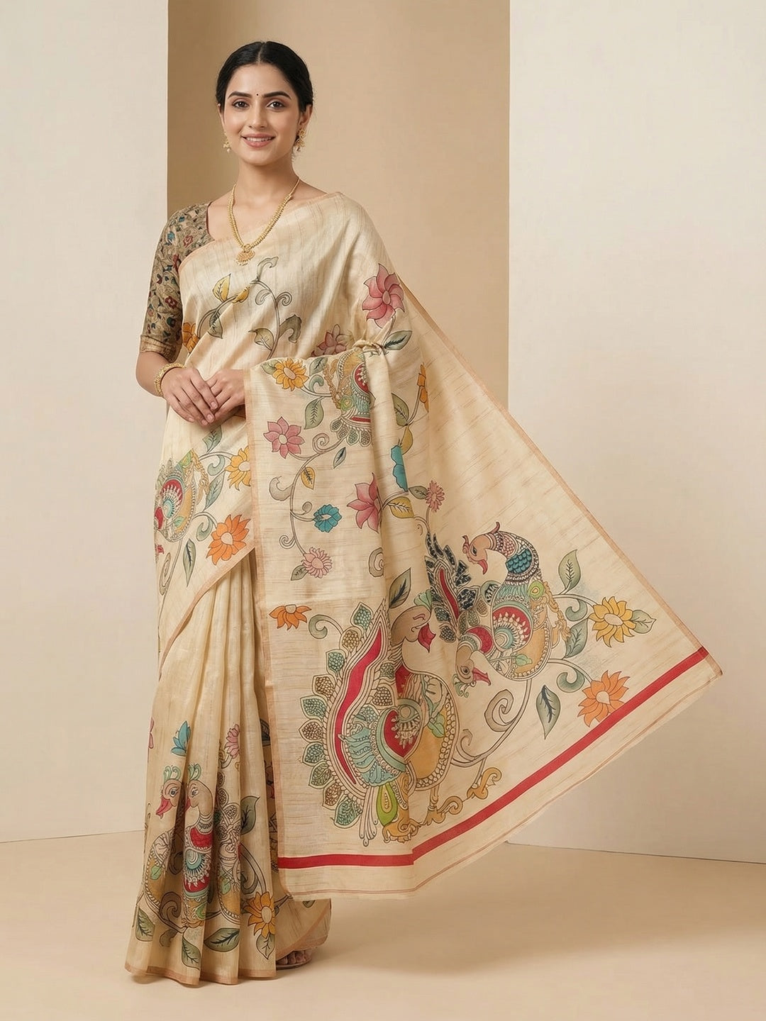 Elegant Cream Chanderi Silk Saree with Kalamkari Peacock Motif - Image 1