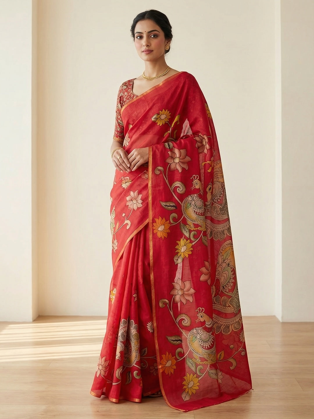 Elegant Red Chanderi Silk Saree with Kalamkari Peacock Motif - Image 1