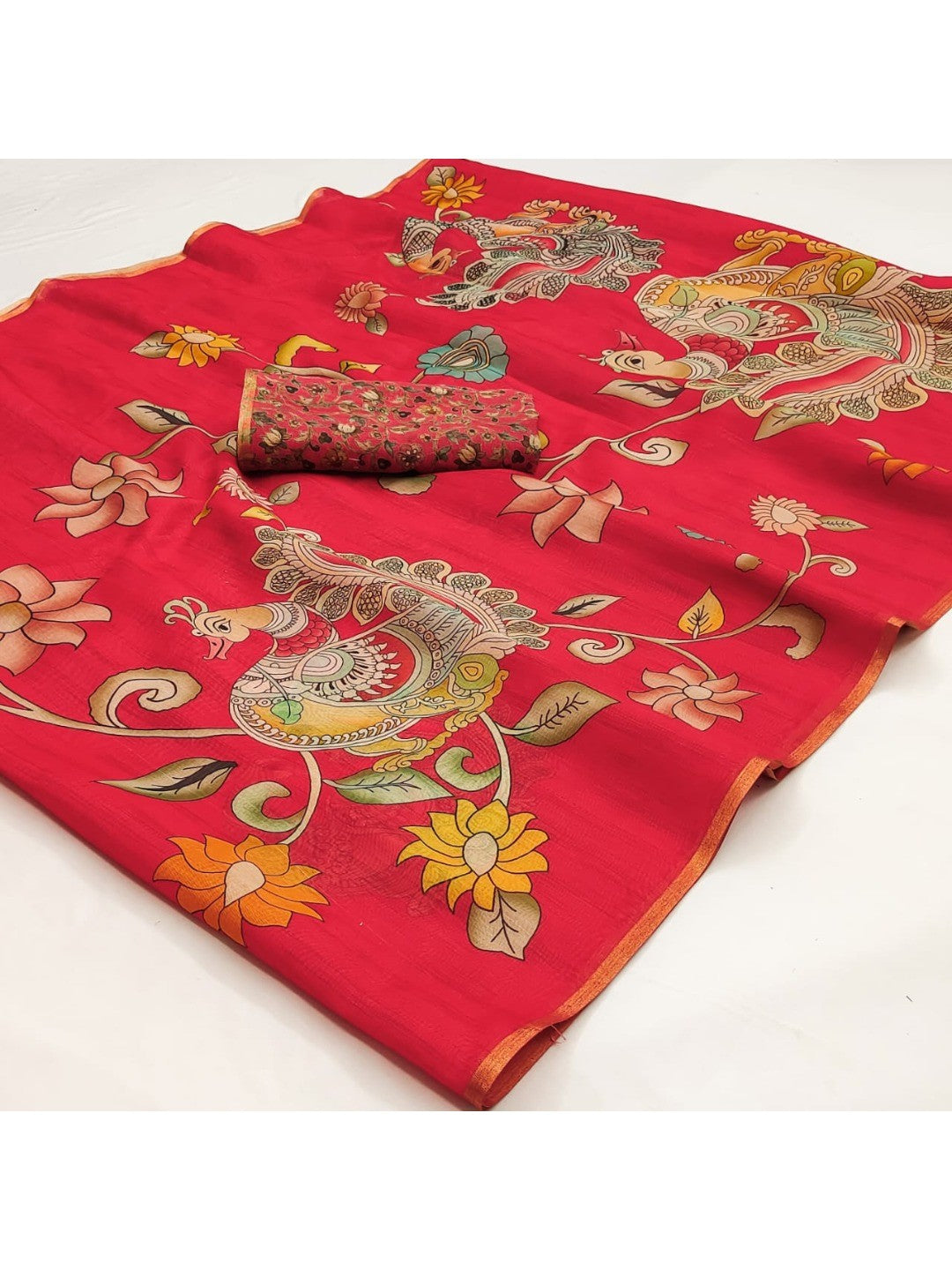 Elegant Red Chanderi Silk Saree with Kalamkari Peacock Motif - Image 2