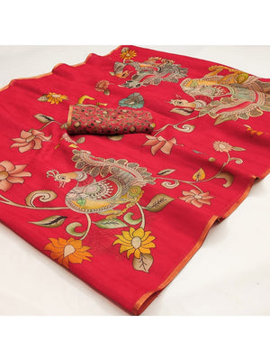 Elegant Red Chanderi Silk Saree with Kalamkari Peacock Motif - Image 2
