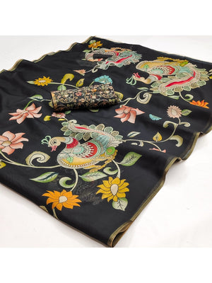 Elegant Black Chanderi Silk Saree with Kalamkari Peacock Motif - Image 2
