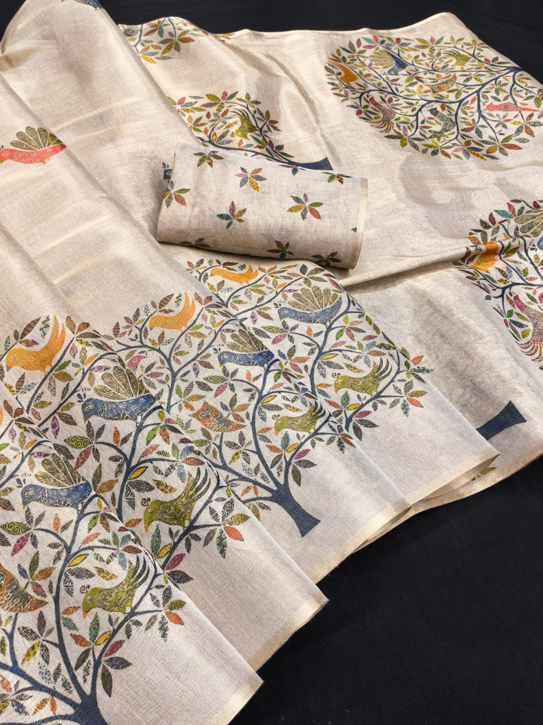 Ethnic Beige Tussar Silk Saree with Detailed Tree of Life Printed Motifs - Image 3