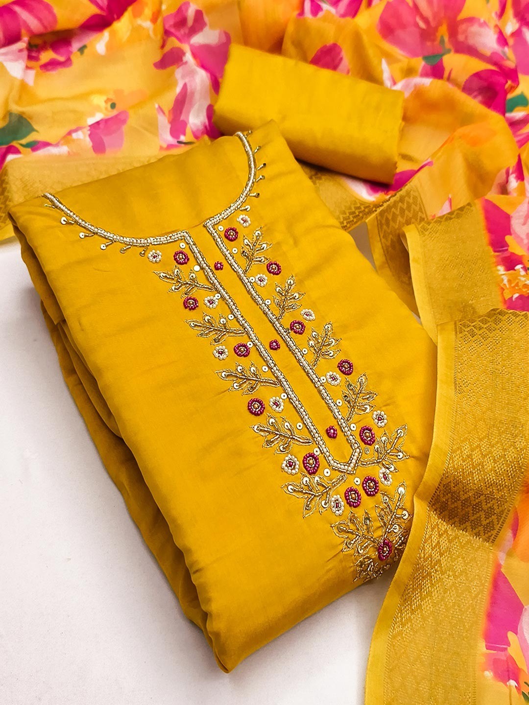 Stunning Mustard Moti & Beads Hand Embellished With Sequins Roman Art Silk Dress Material - Image 6