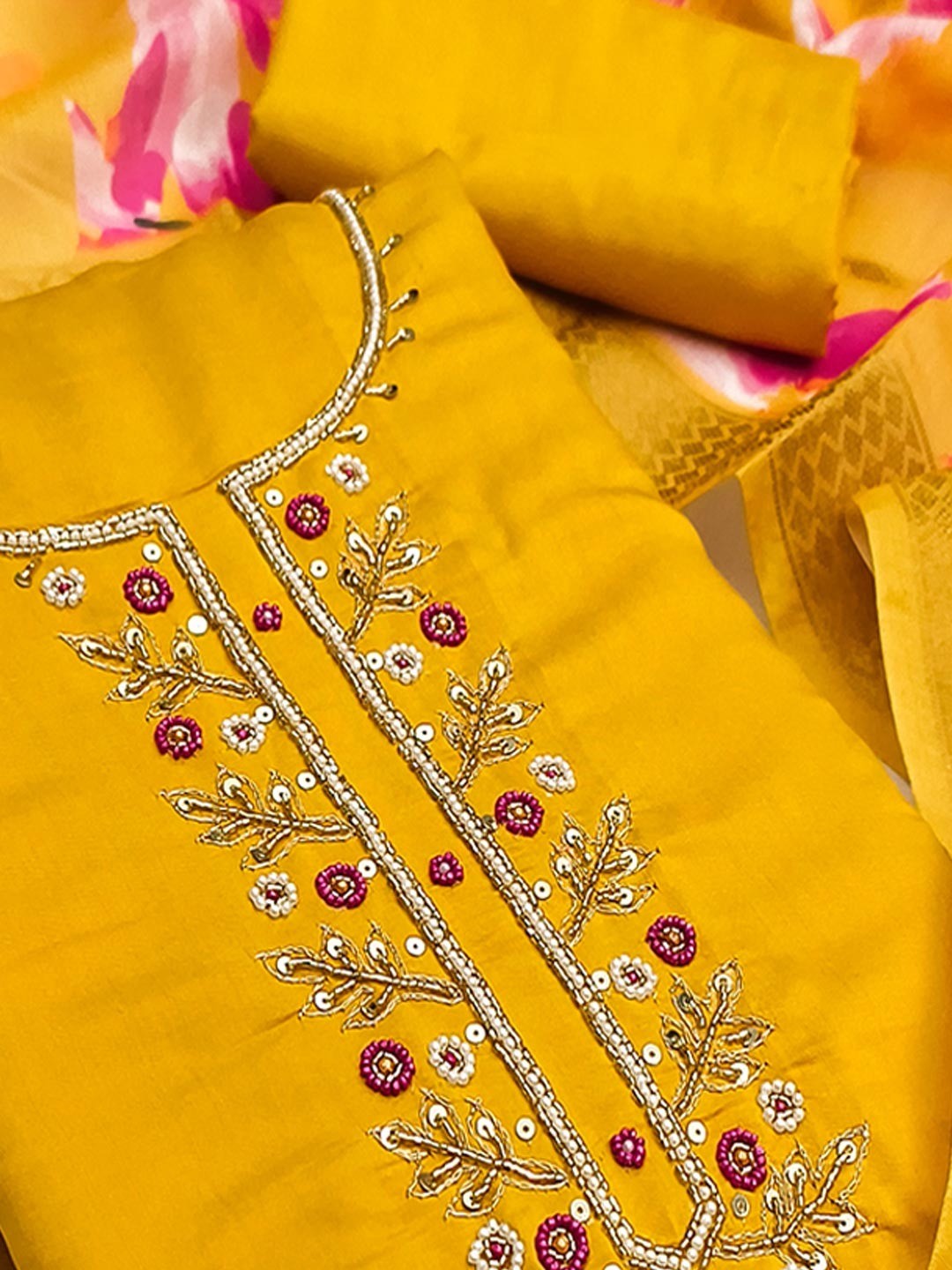 Stunning Mustard Moti & Beads Hand Embellished With Sequins Roman Art Silk Dress Material - Image 5