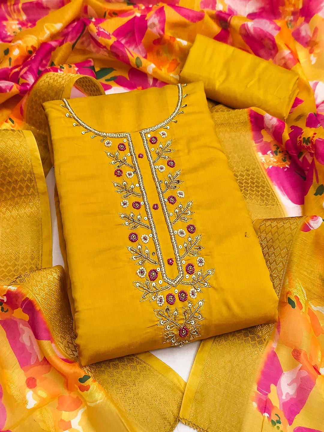 Stunning Mustard Moti & Beads Hand Embellished With Sequins Roman Art Silk Dress Material - Image 4