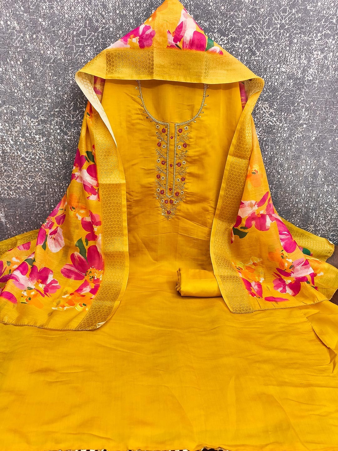 Stunning Mustard Moti & Beads Hand Embellished With Sequins Roman Art Silk Dress Material - Image 2