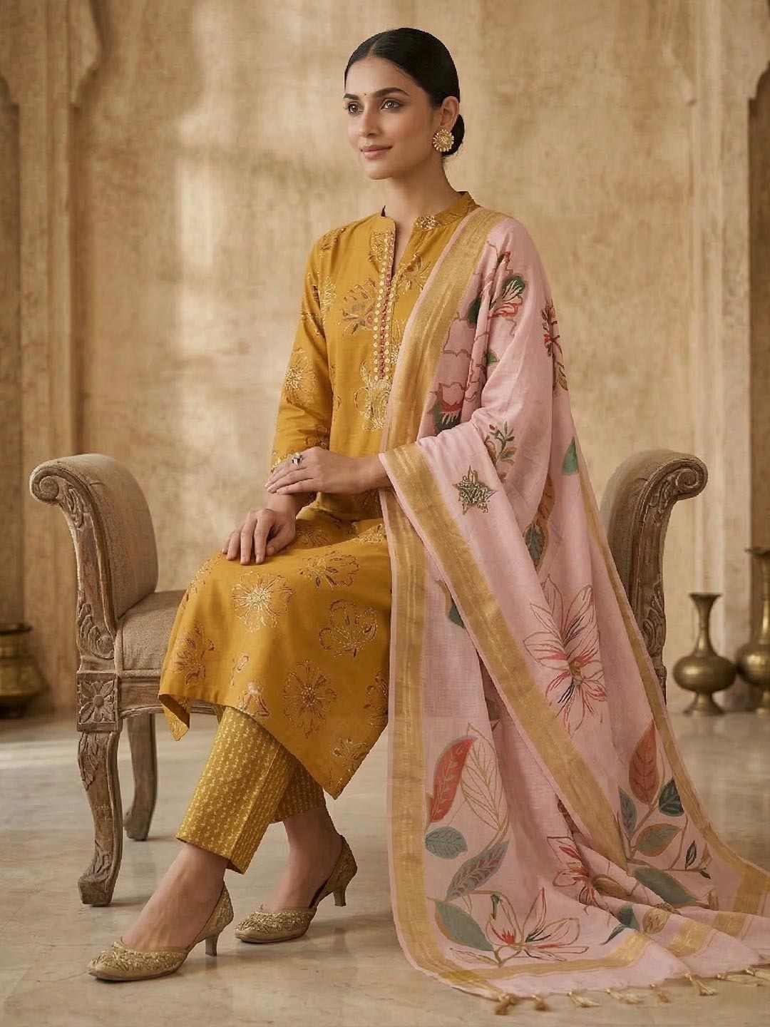 Mustard Floral Printed Rayon Salwar Suit with Dupatta - Image 2