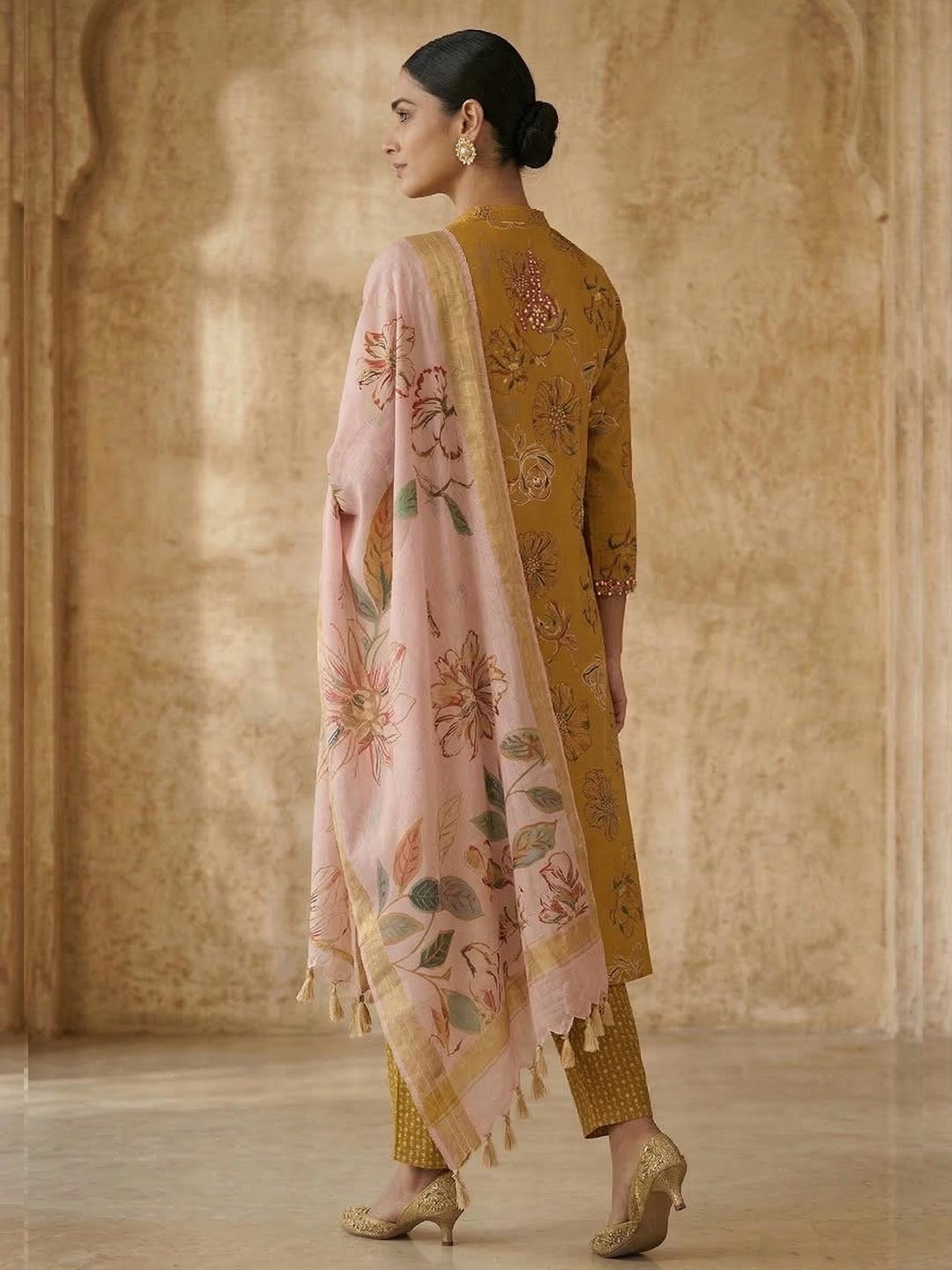 Mustard Floral Printed Rayon Salwar Suit with Dupatta - Image 4