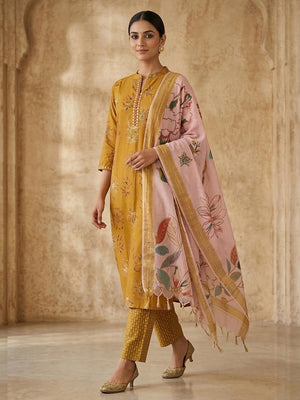 Mustard Floral Printed Rayon Salwar Suit with Dupatta - Image 1