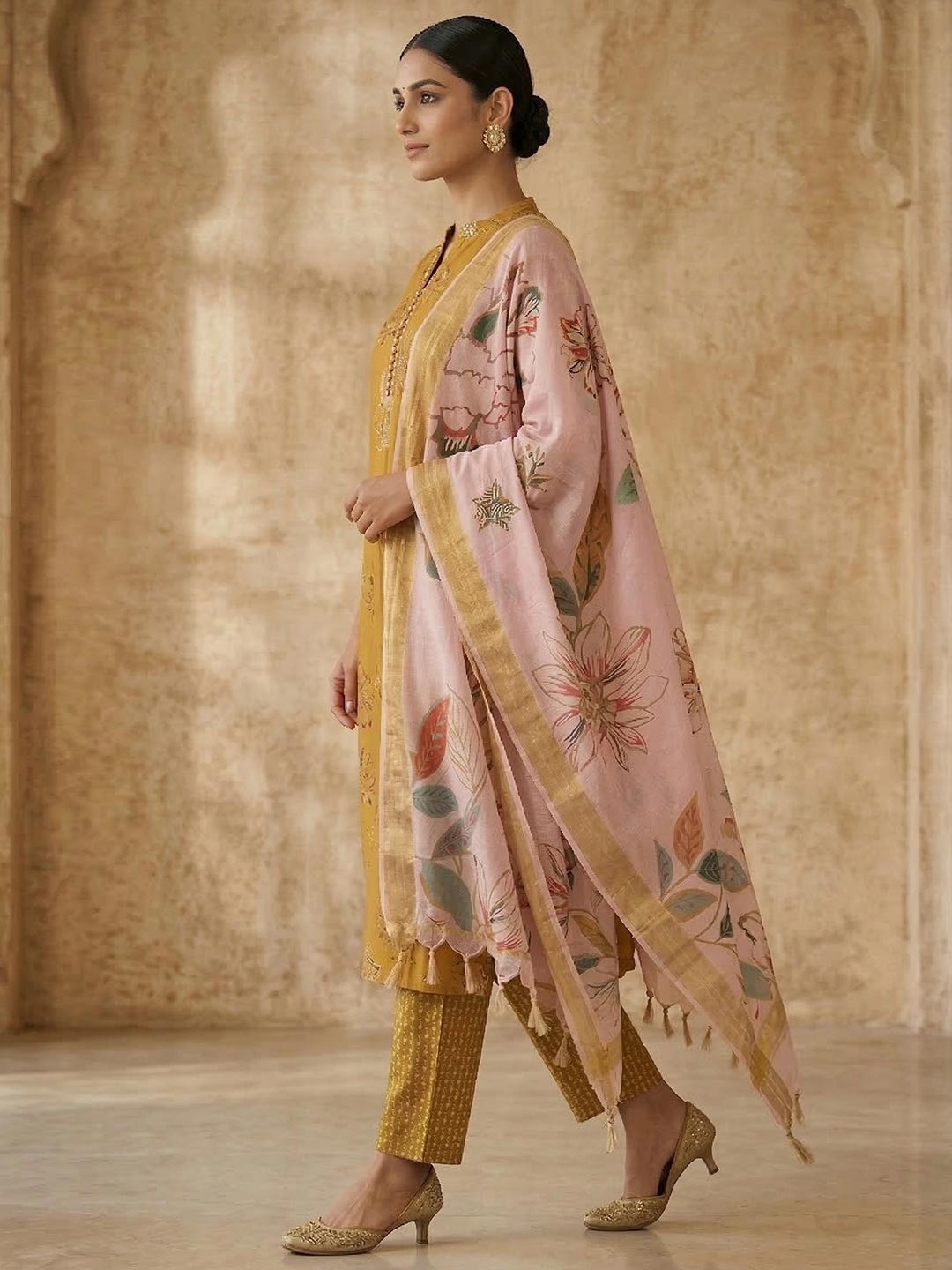 Mustard Floral Printed Rayon Salwar Suit with Dupatta - Image 3