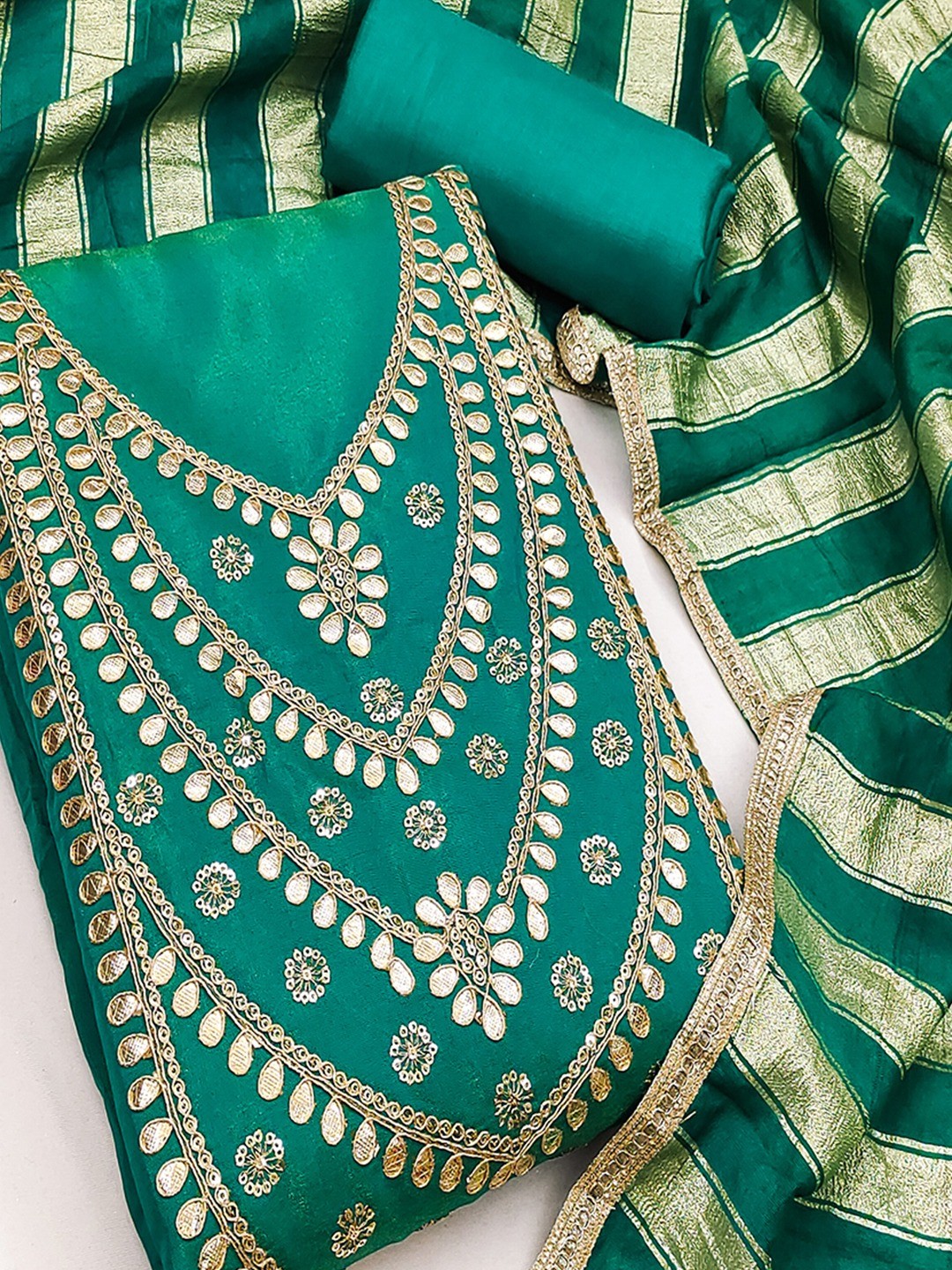 Stylish Teal Cording & Sequins Embroidery With Gota Patti Work Roman Art Silk Dress Material - Image 4