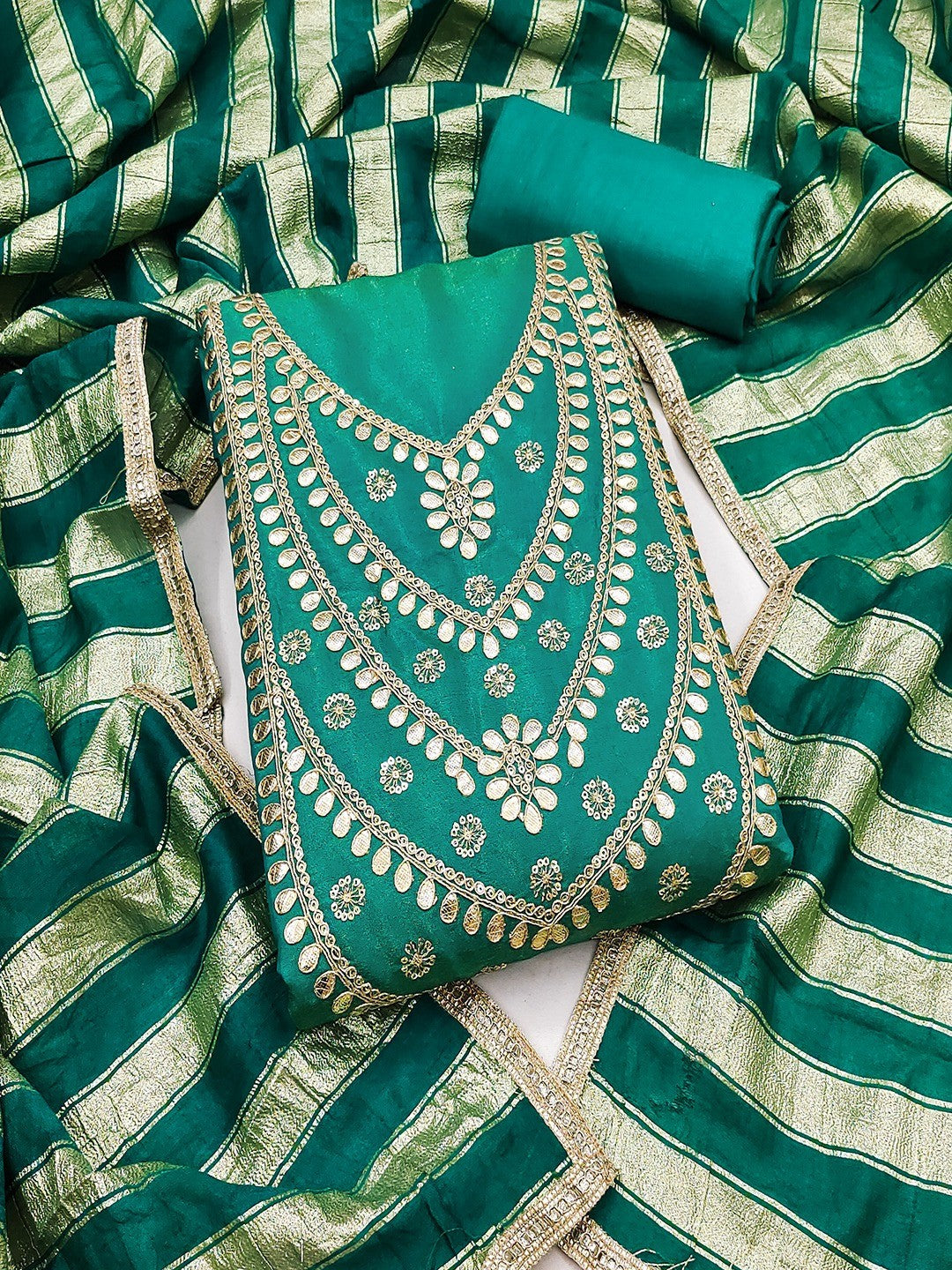 Stylish Teal Cording & Sequins Embroidery With Gota Patti Work Roman Art Silk Dress Material - Image 5