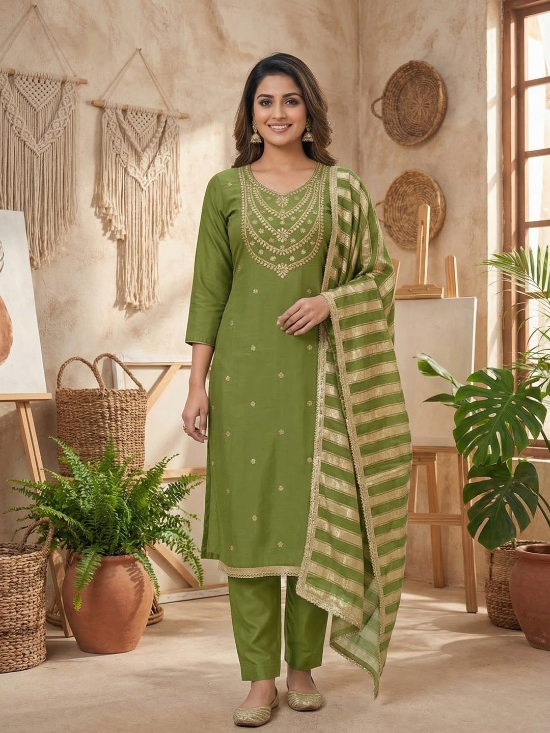 Stylish Green Cording & Sequins Embroidery With Gota Patti Work Roman Art Silk Dress Material - Image 1