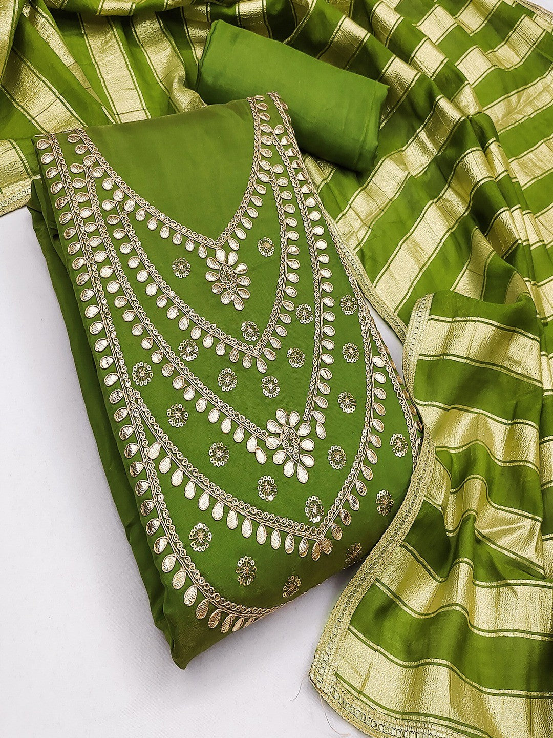 Stylish Green Cording & Sequins Embroidery With Gota Patti Work Roman Art Silk Dress Material - Image 4