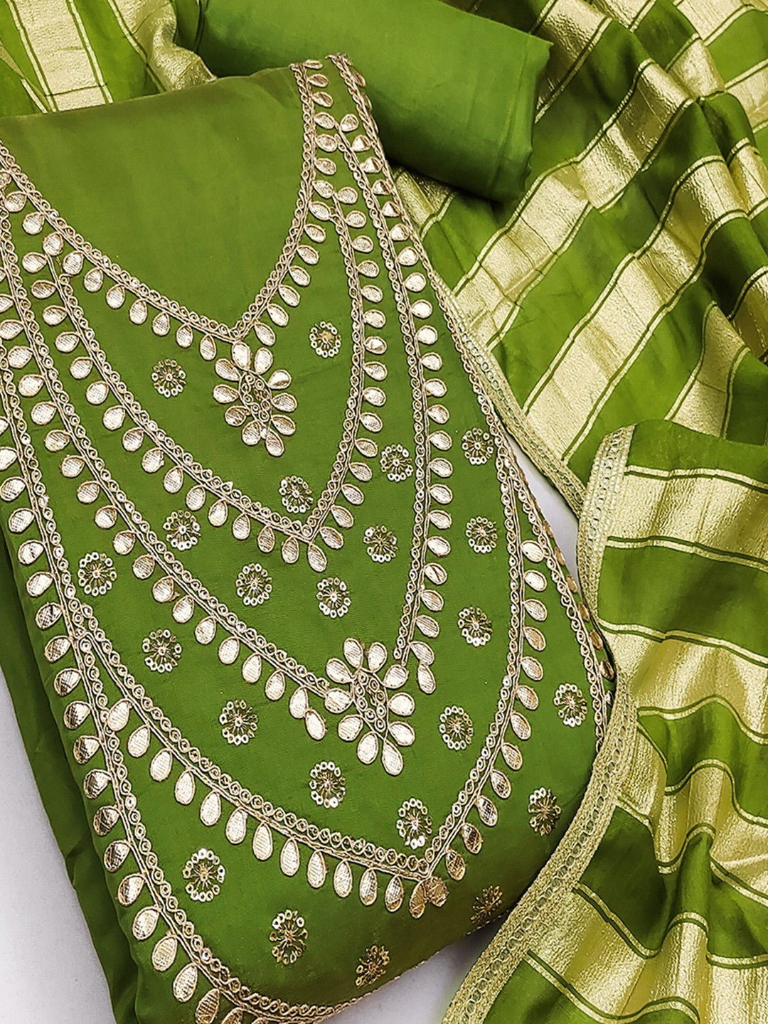 Stylish Green Cording & Sequins Embroidery With Gota Patti Work Roman Art Silk Dress Material - Image 3