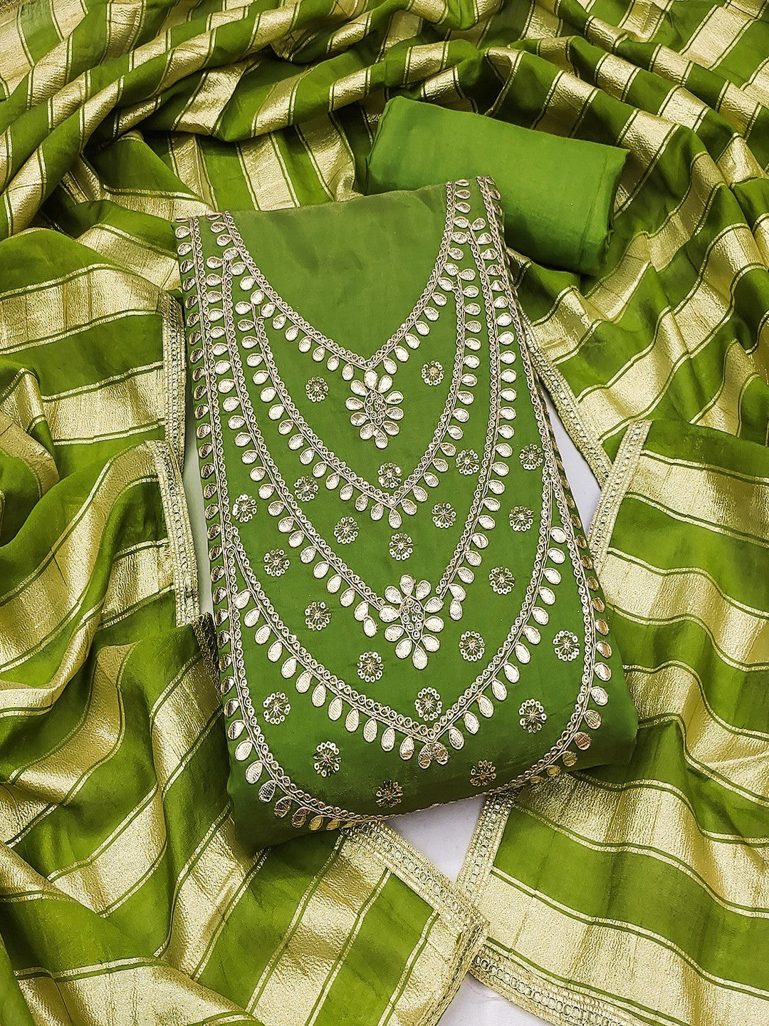 Stylish Green Cording & Sequins Embroidery With Gota Patti Work Roman Art Silk Dress Material - Image 6