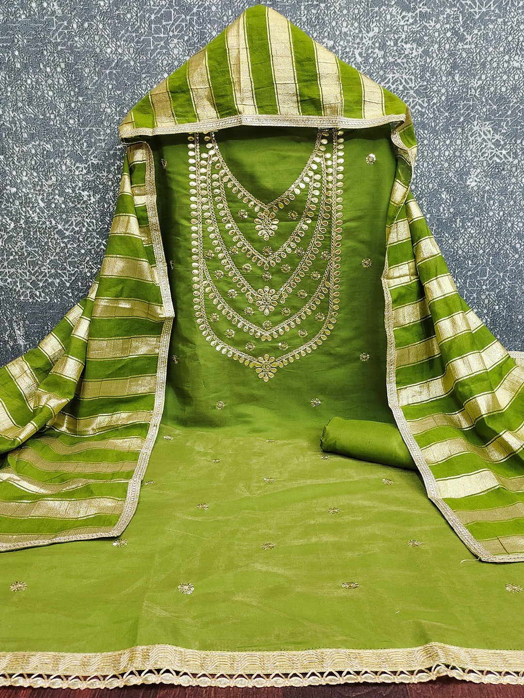 Stylish Green Cording & Sequins Embroidery With Gota Patti Work Roman Art Silk Dress Material - Image 5