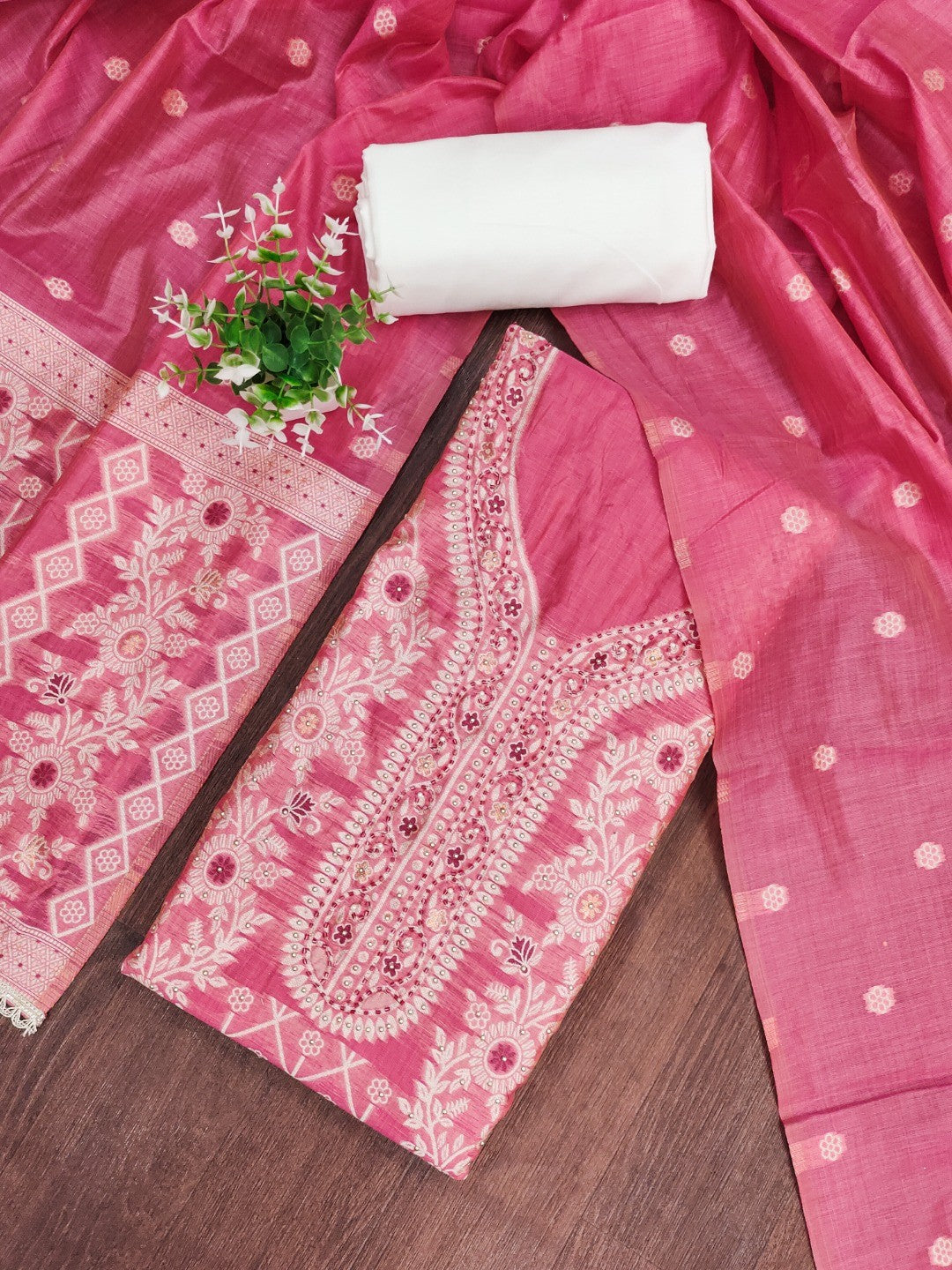 Pink Woven Banarasi Silk Dress Material with Delicate Beads Work - Image 4