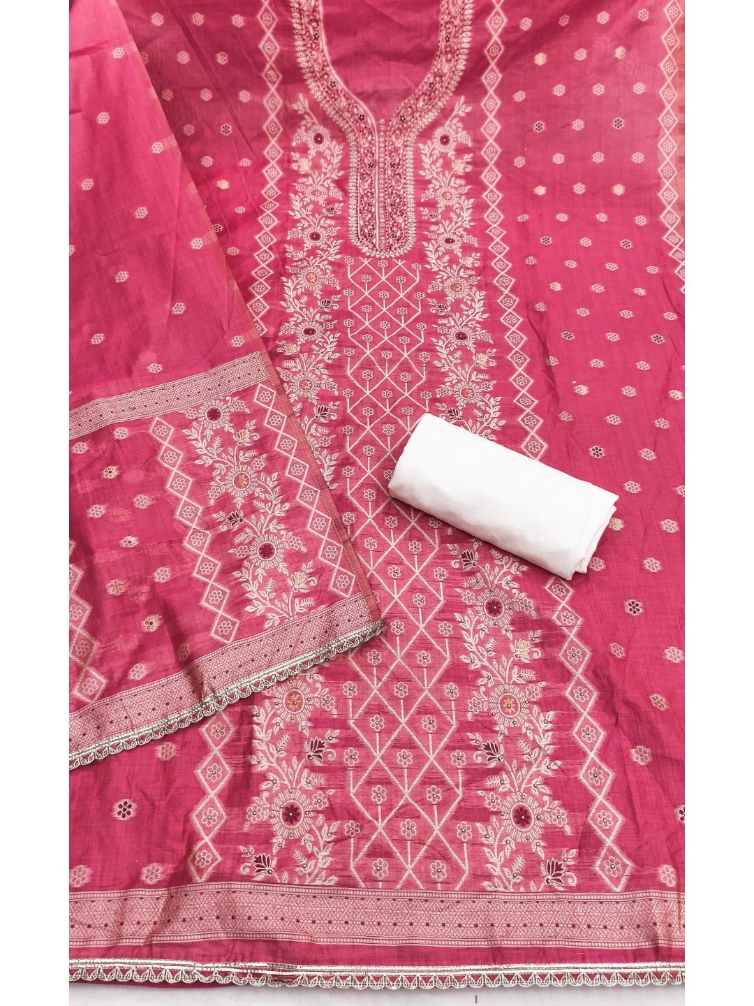 Pink Woven Banarasi Silk Dress Material with Delicate Beads Work - Image 2