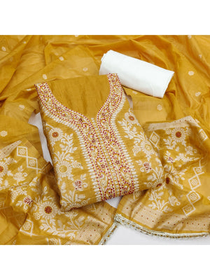 Yellow Woven Banarasi Silk Dress Material with Delicate Beads Work - Image 1