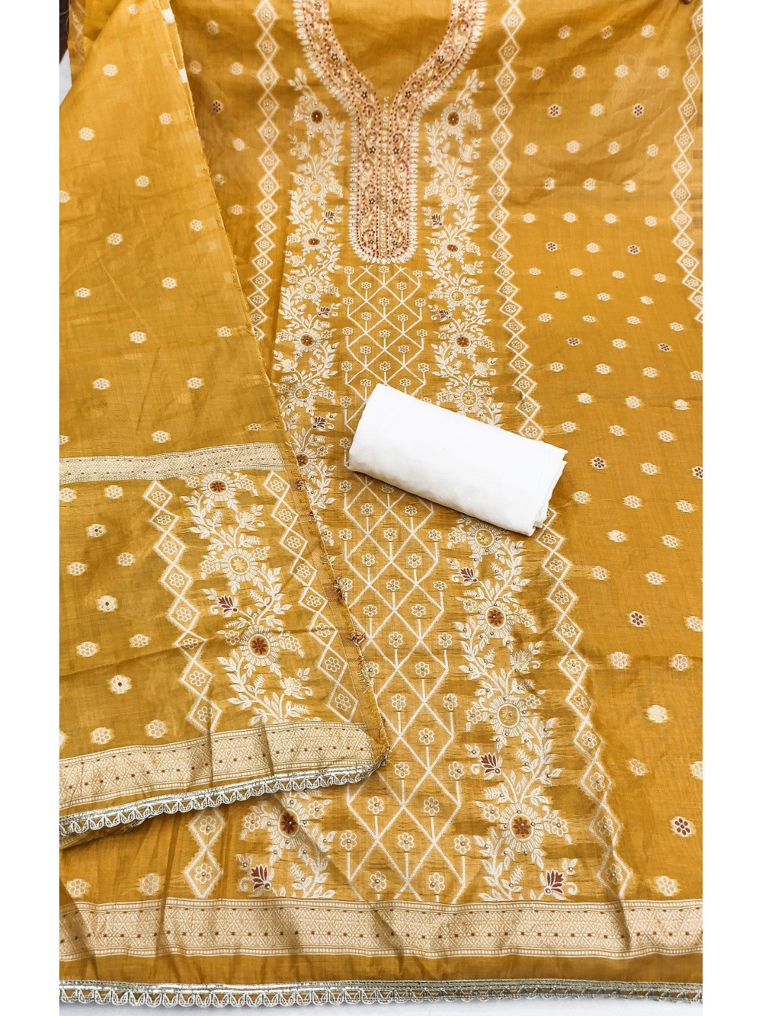 Yellow Woven Banarasi Silk Dress Material with Delicate Beads Work - Image 2