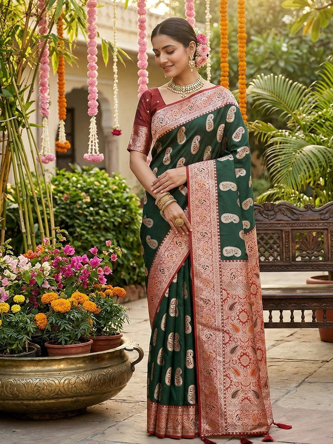 Elegant Green Silk Blend Saree with Paisley and Zari Work - Image 1