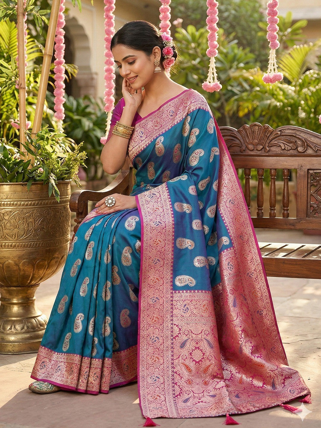 Festive Wear Rama Blue Silk Blend Saree with Elegant Paisley Motif Design - Image 3