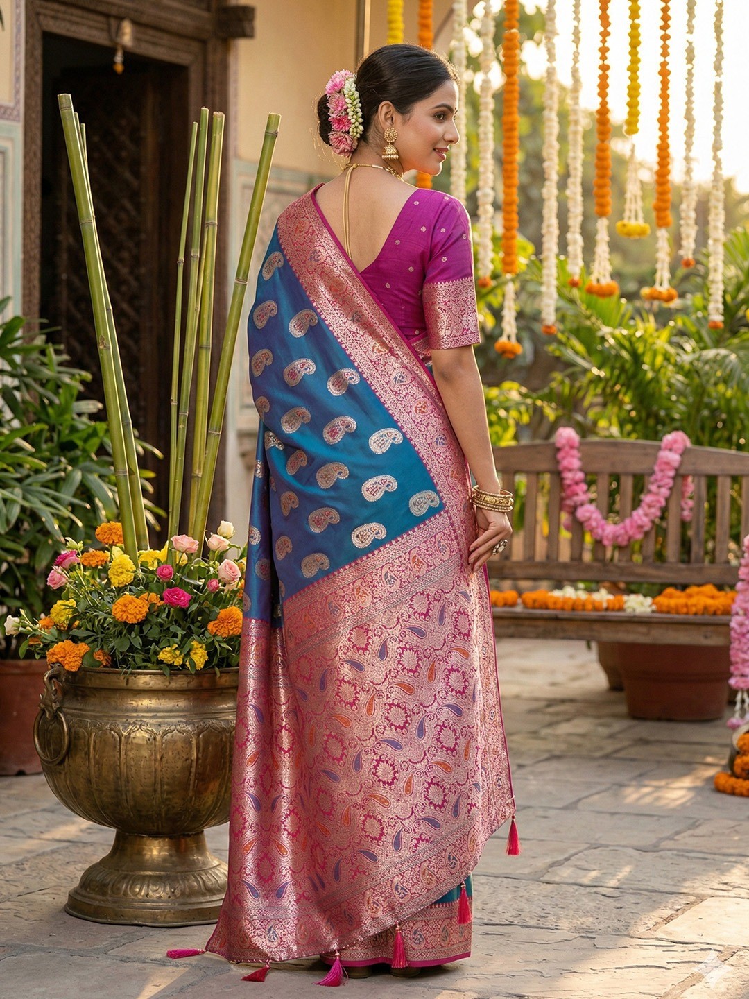 Festive Wear Rama Blue Silk Blend Saree with Elegant Paisley Motif Design - Image 2